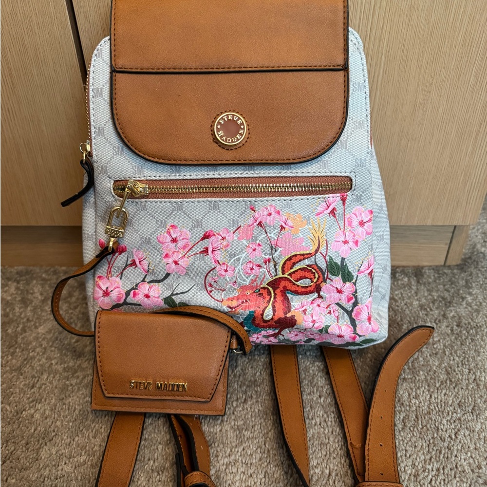Steve Madden Tan and Gray Backpack cherry blossom and dragon design